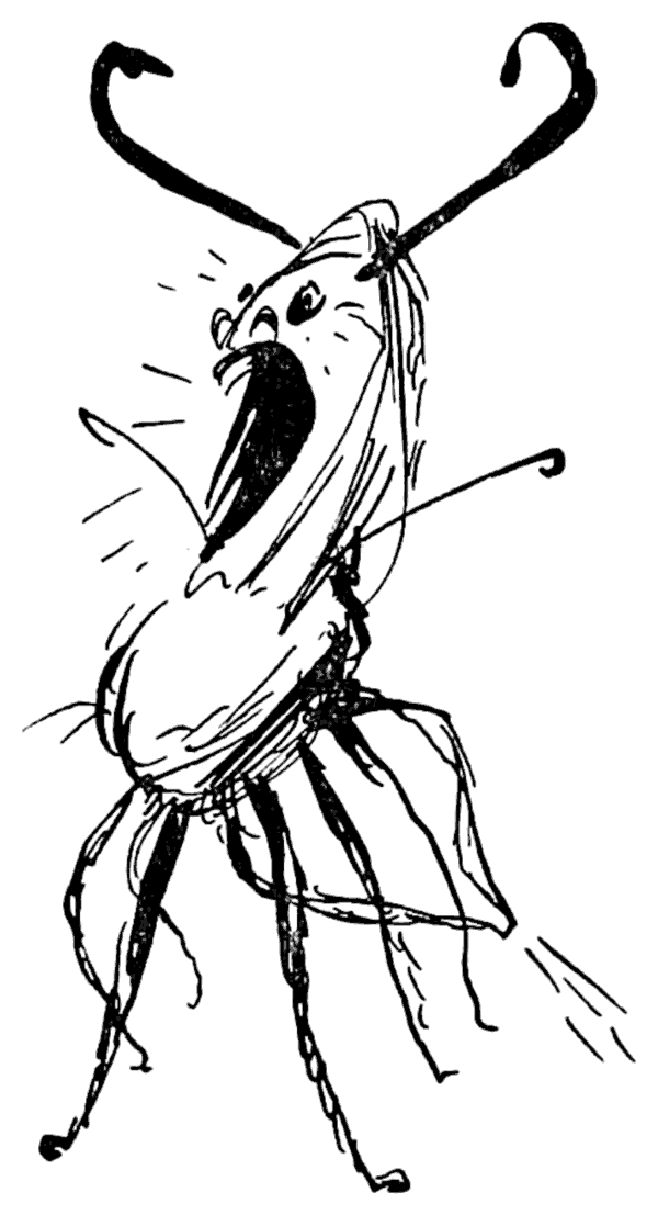 A termite in a gown, antennae flung back, mouth open in mid-lecture.